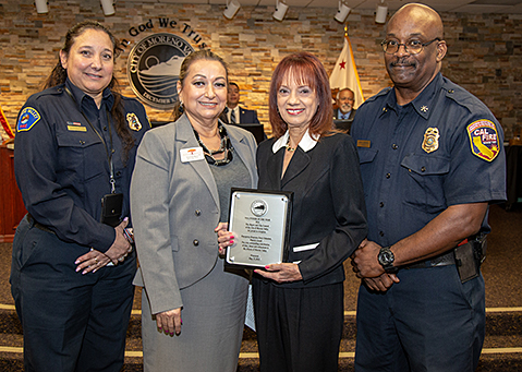 Volunteer of the Year, Pamela Lowell with Councilmember Baca, Fire Chief Abdul Ahmad, and Emergency Management Program Manager Zuzzette Bricker.