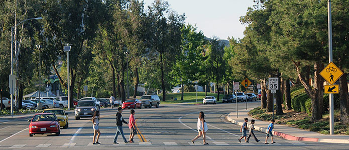 Children crossing a street in Moreno Valley.