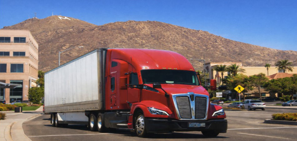 Red semi truck on Moreno Valley side street.